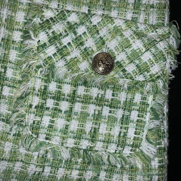 NWT Zara Tweed Jacket Blazer M GREEN WHITE fringed gold buttons plaid pockets - Picture 3 of 6